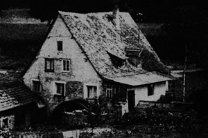 ein altes schwarz-weiß Bild von einer Buchener Mühle